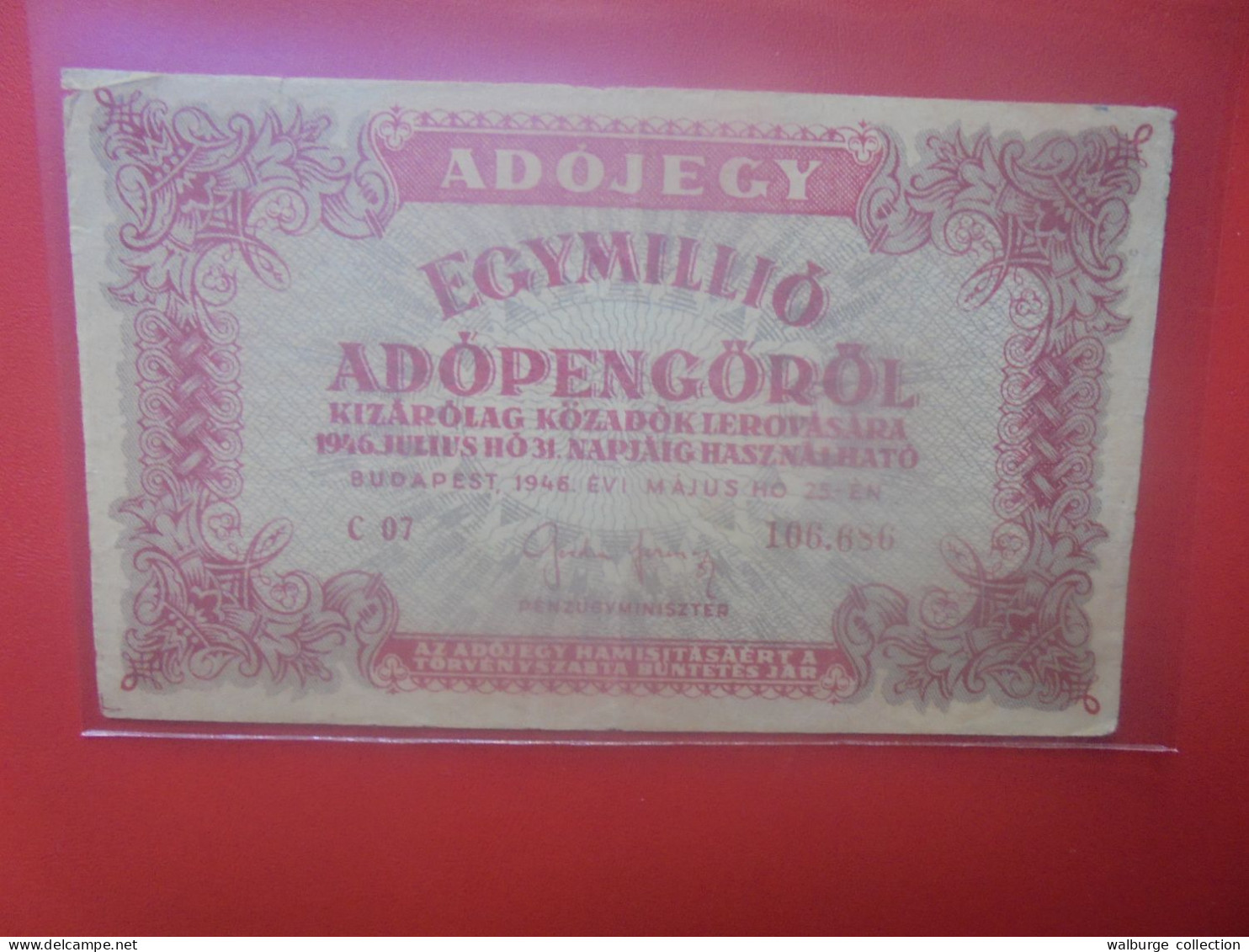 HONGRIE (TAX PENGÖ) 1 MILLION ADOPENGÖ 1946 Circuler (B.33) - Hongarije