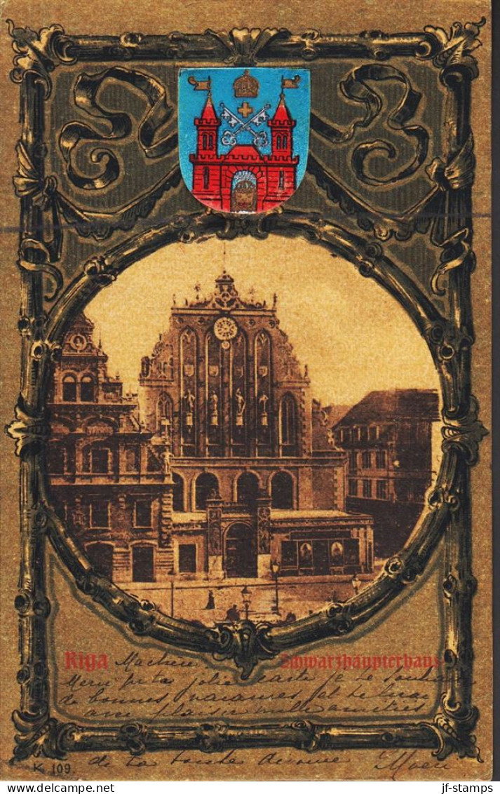 1901. RUSSIA  LATVIJA. Beautiful Postcard (Riga, Schwarzhäupterhaus) To Neuchatel, Schweiz Wit... (Michel 40) - JF545094 - Latvia