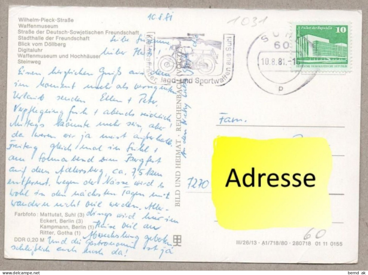 029#  BRD - 6 Color- AK: Suhl - Waffenmuseum, Rathaus, Warenhaus, Interhotel (alle Karten im Bild)