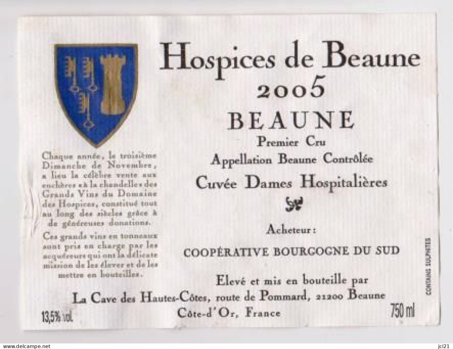 Etiquette HOSPICES DE BEAUNE " BEAUNE 1er Cru 2005 - Cuvée Dames Hospitalières "  (1532)_ev696 - Bourgogne