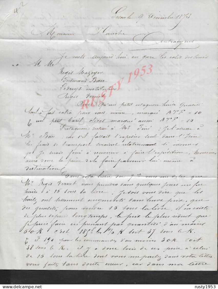 LETTRE DE 1873 ECRITE DE SALON DE TEISSIER FILS POUR CACHET ANTRAIGUES SUR VOLANE : - 1871-1875 Cérès