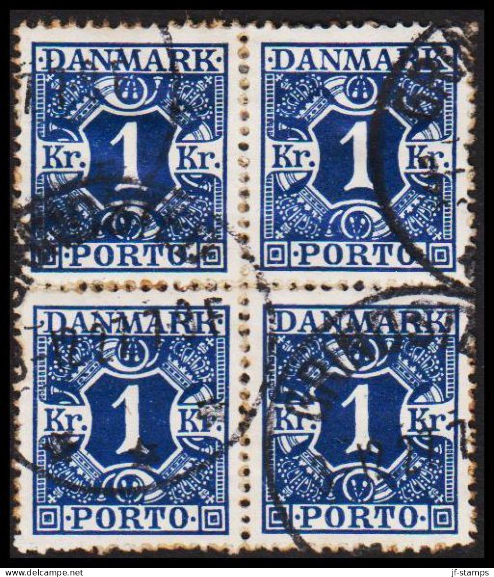 1921. DANMARK. Postage Due. Porto. Wavy-line. 1 Kr.  Blue In 4-BLOCK Cancelled GRINDSTED.  (Michel P17) - JF545132 - Postage Due