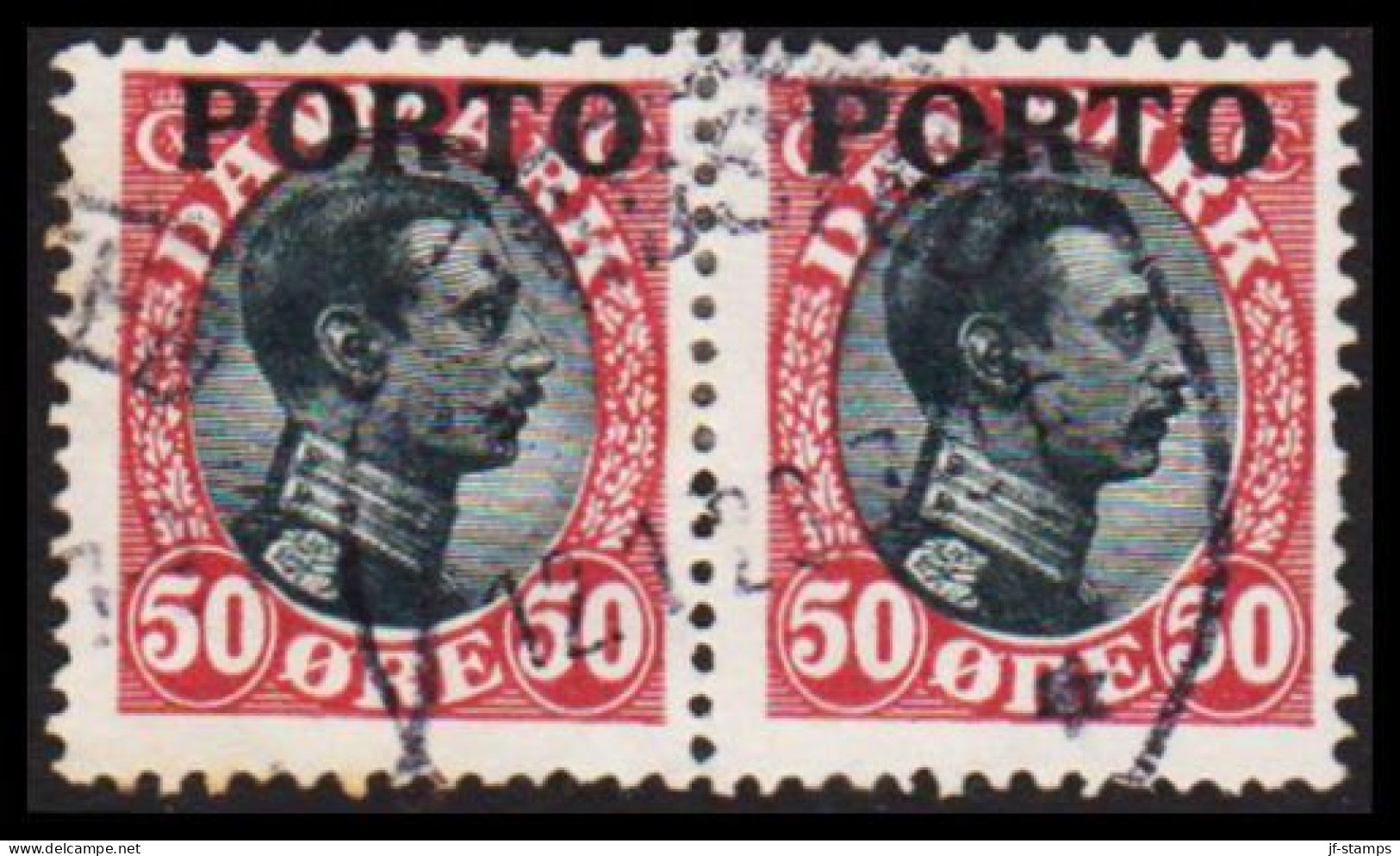 1921. DANMARK. Postage Due. Porto. Chr. X. 50 Øre Wine Red/black. In Pair Cancelled GRINDSTED ... (Michel P7) - JF545134 - Impuestos