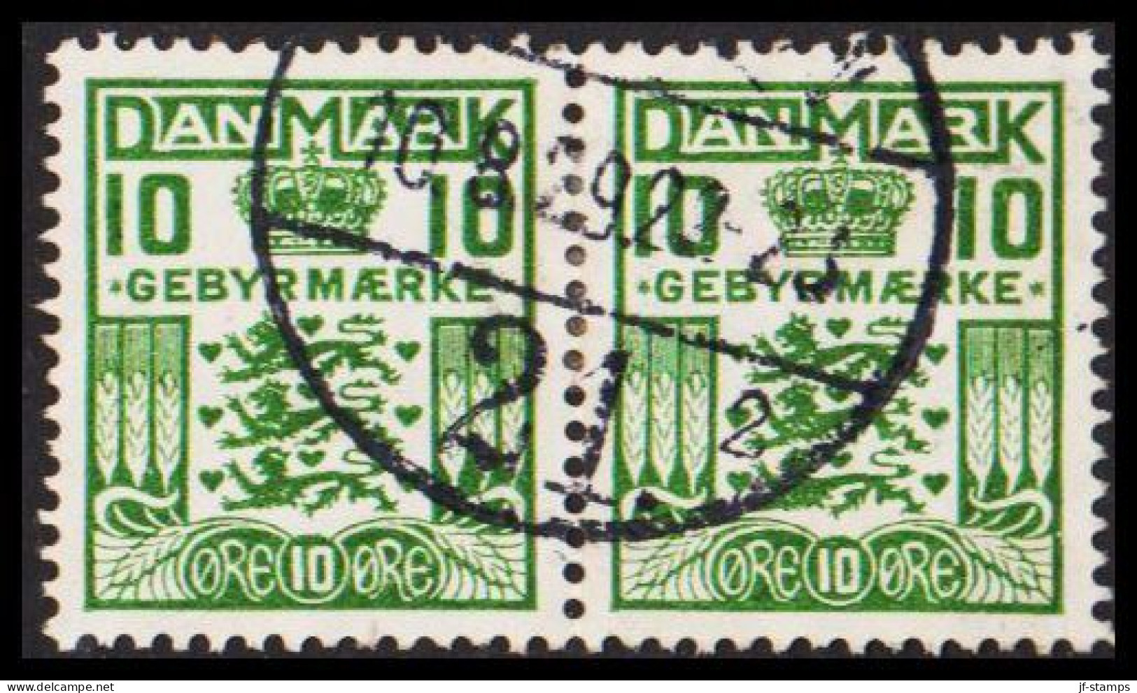 1930. Late Fee. Gebyr. 10 Øre Green. Fine Pair Cancelled 10.8.29. (Michel V15) - JF545139 - Portomarken