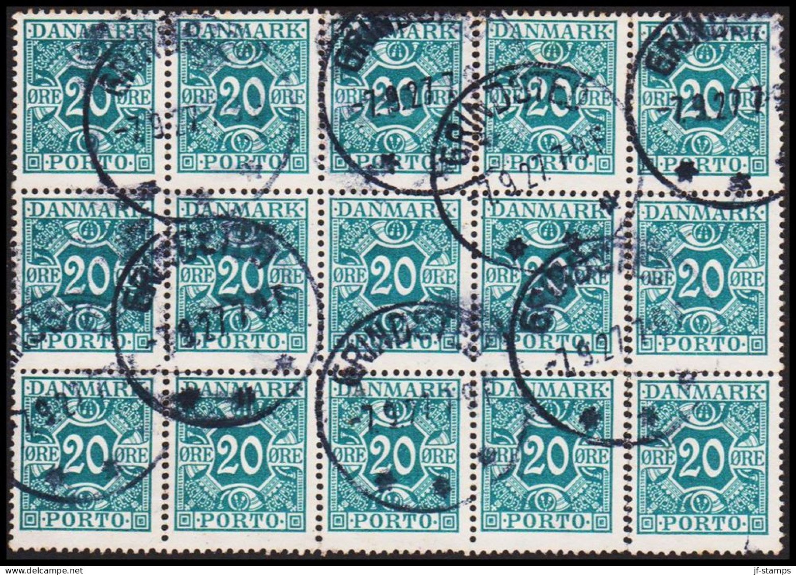 1924. DANMARK. Postage Due. Porto. 20 Øre Blue In 15block Cancelled GRINDSTED 7.9.27. Unusual... (Michel P14) - JF545143 - Portomarken