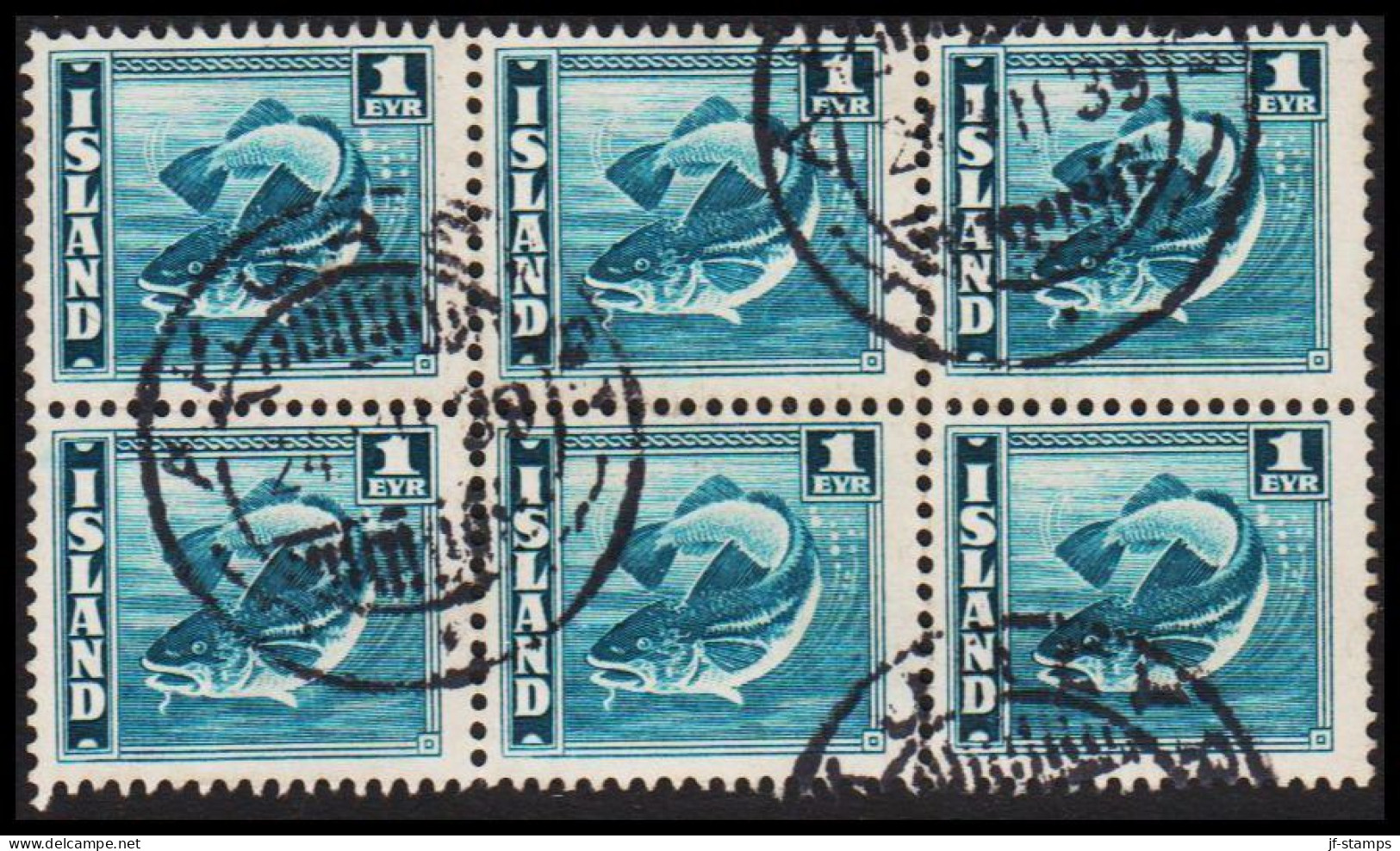 1939. ISLAND. Cod Fish. 1 Eyr Blue-green. Perf. 14 X 13½ In 6block Cancelled AKUREYRI 24 VII... (Michel 208B) - JF545146 - Oblitérés