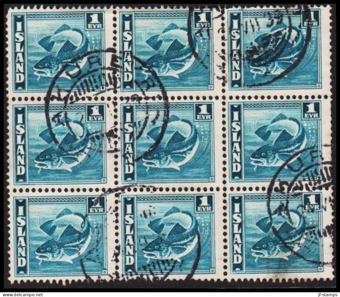 1939. ISLAND. Cod Fish. 1 Eyr Blue-green. Perf. 14 X 13½ In 9block Cancelled AKUREYRI 24 VII... (Michel 208B) - JF545147 - Gebruikt