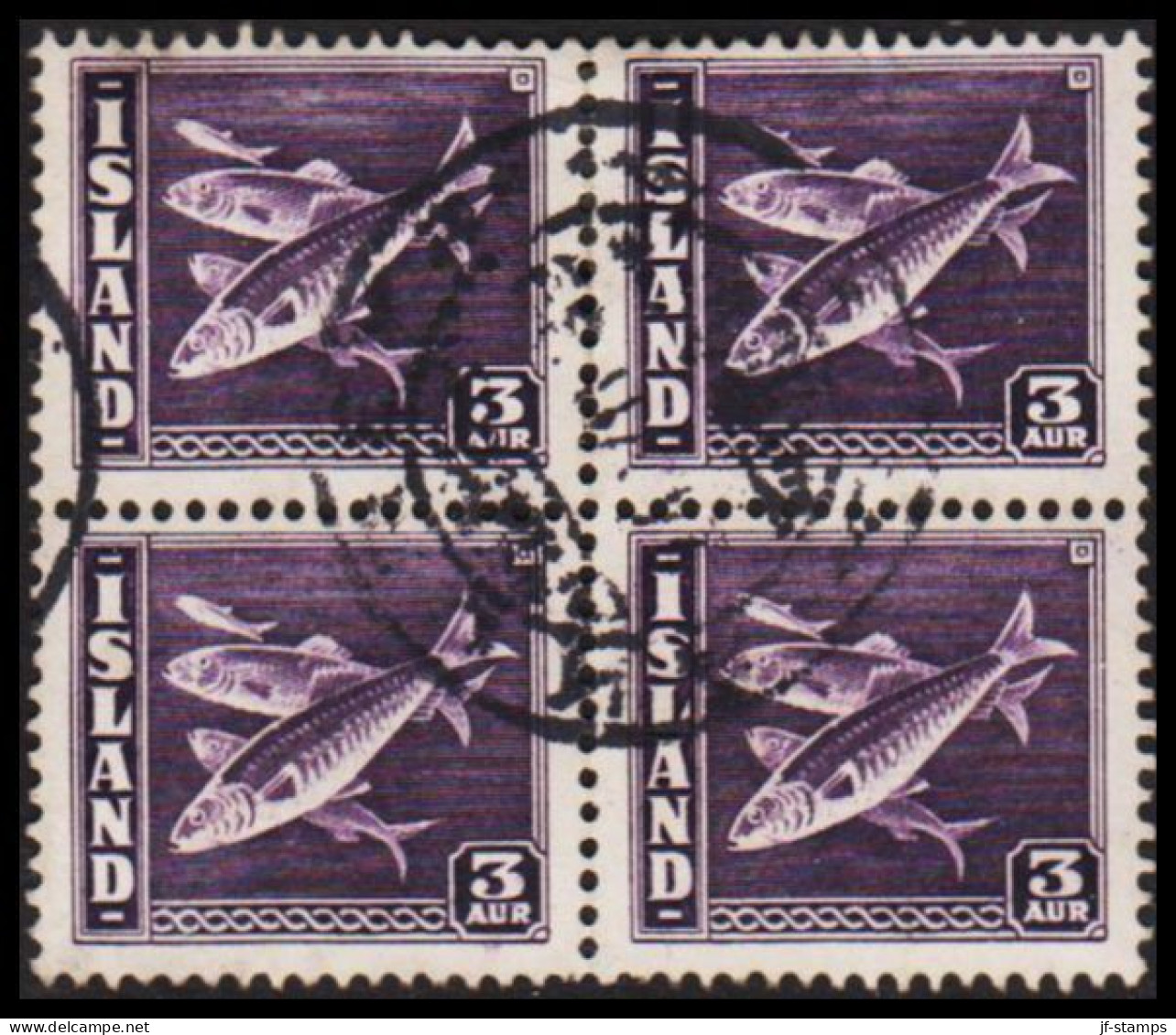 1939. ISLAND. Cod Fish. 3 Eyr. Perf. 14 X 13½ In 4block Cancelled AKUREYRI 24 VII 39.  (Michel 209B) - JF545149 - Used Stamps