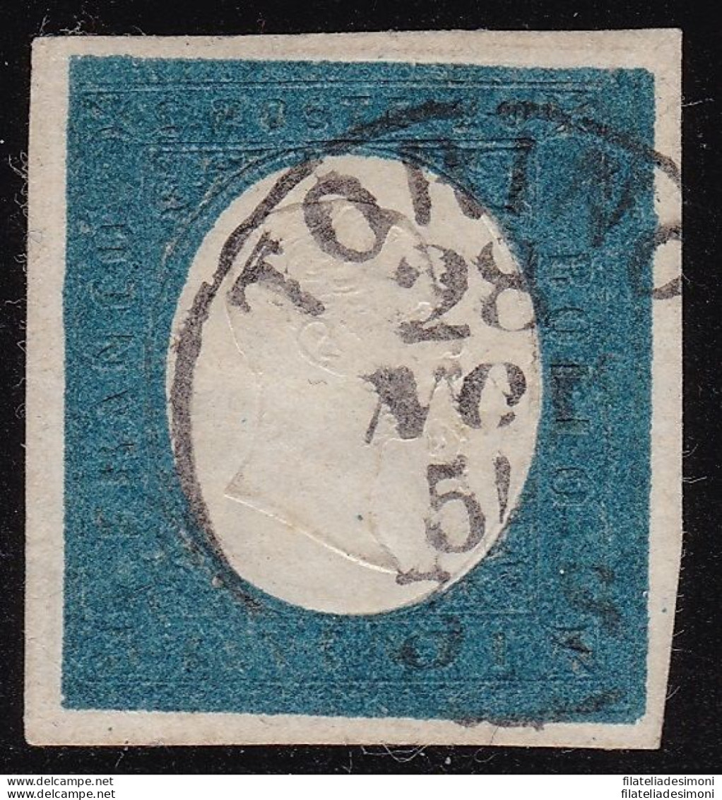 1854 SARDEGNA, N° 8  20 Cent. Azzurro  USATO Firmato Oliva - Sardegna