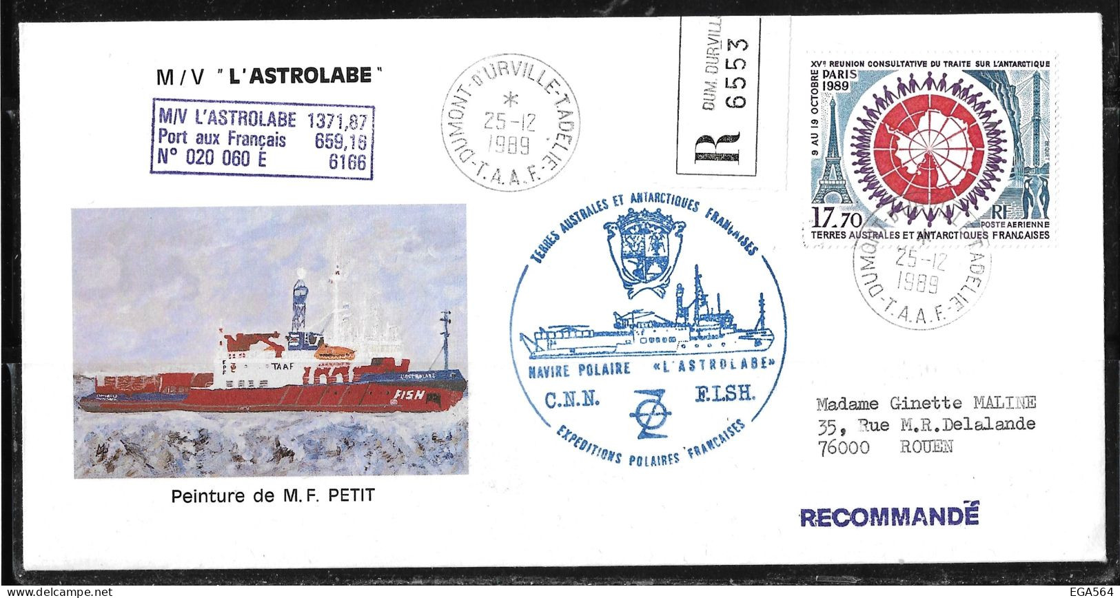 10- Y&T PA109 Du 25.12.89 TERRE ADELIE Recommandé - Cachet" ASTROLABE Enveloppe Illustrée. Verso TRAITE ANTARCTIQUE - Covers & Documents