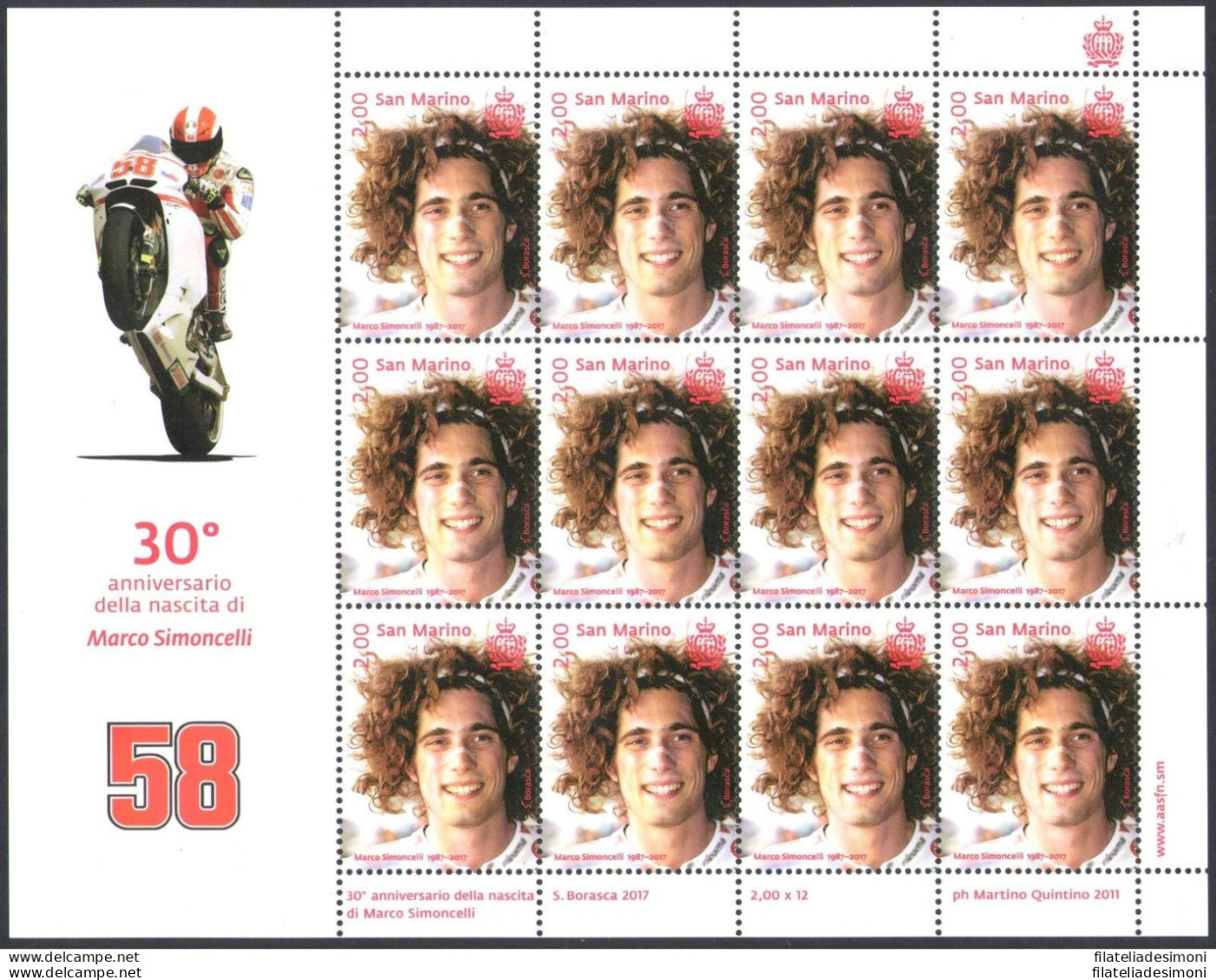 2017 San Marino, Marco Simoncelli, 30. Anniversario Nascita, Minifoglio 12 V MNH** - Blocks & Kleinbögen