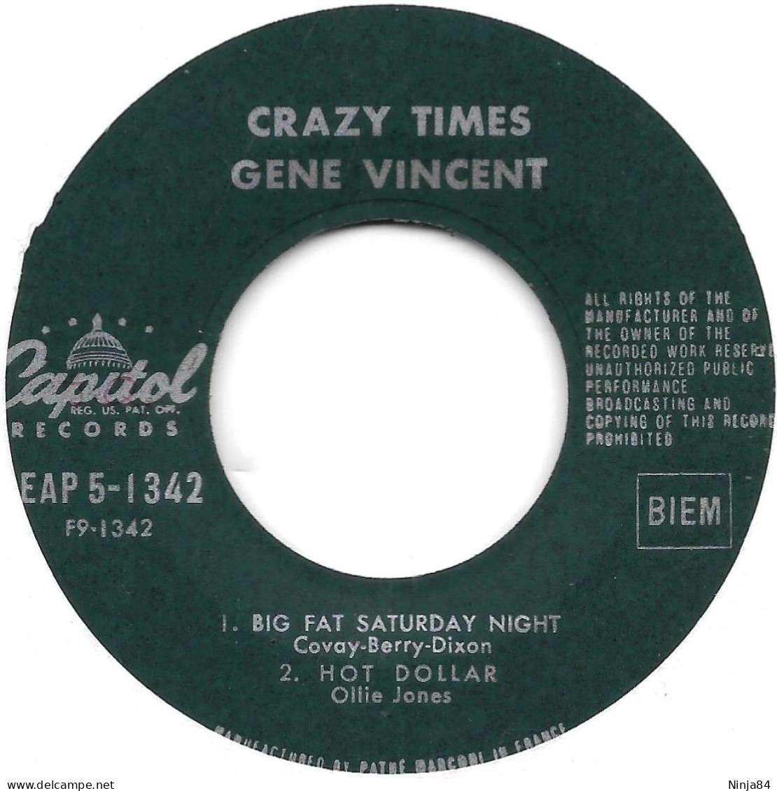 EP 45 RPM (7") Gene Vincent  "  Crazy Times !  " - Rock