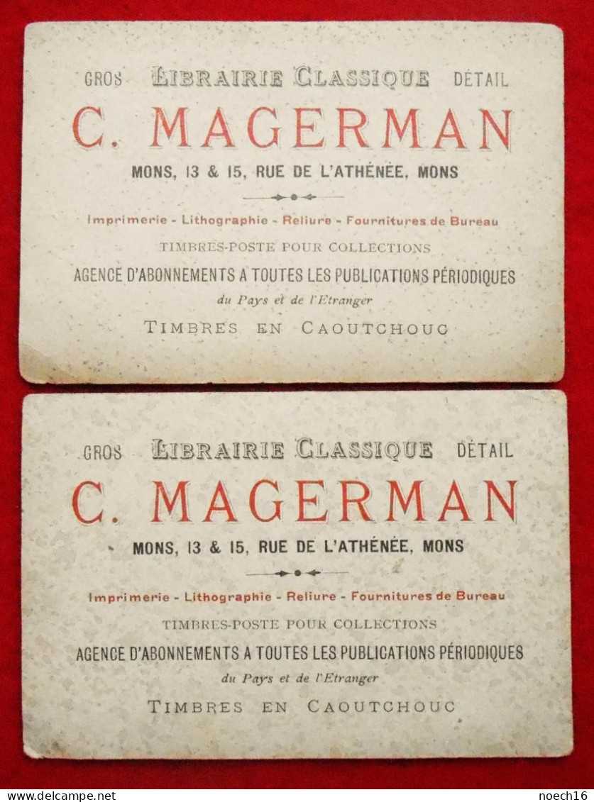 2 Chromos Publicité Librairie Magerman, Rue De L'Athénée Mons / La Poupée De Bébé - Le Pot De Beurre - Autres & Non Classés