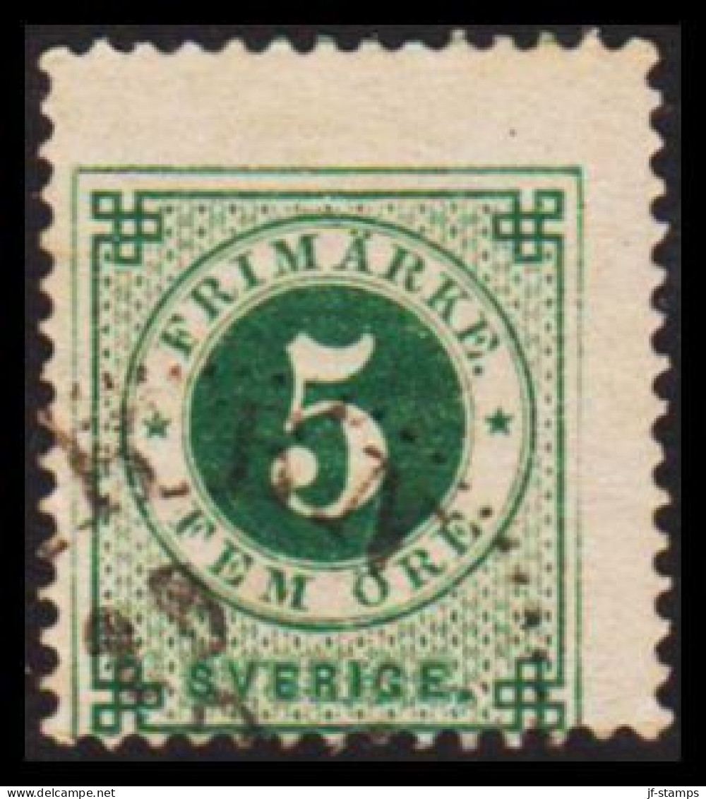 1886. Circle Type. Perf. 13. Posthorn On Back. 5 öre Green. With VERY MISPLACED PRINT And At T... (Michel 32) - JF545194 - Usados