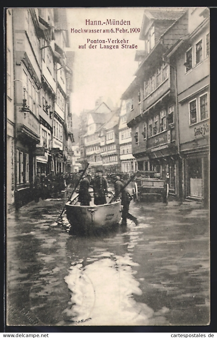 AK Hann Münden, Hochwasser Am 06.02.1909, Ponton-Verkehr Auf Der Langen Strasse  - Hannoversch Muenden