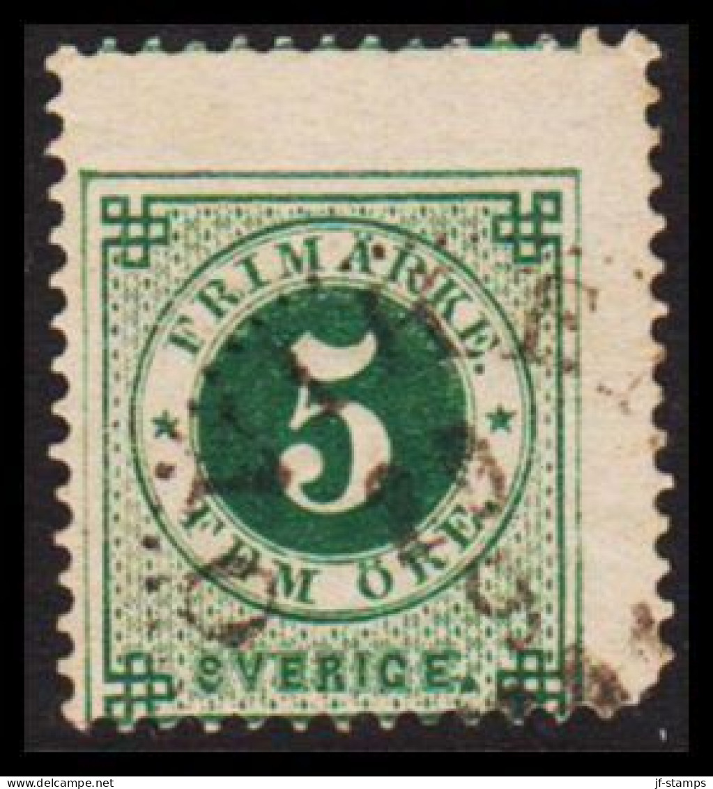 1886. Circle Type. Perf. 13. Posthorn On Back. 5 öre Green. With VERY MISPLACED PRINT And At T... (Michel 32) - JF545195 - Gebraucht