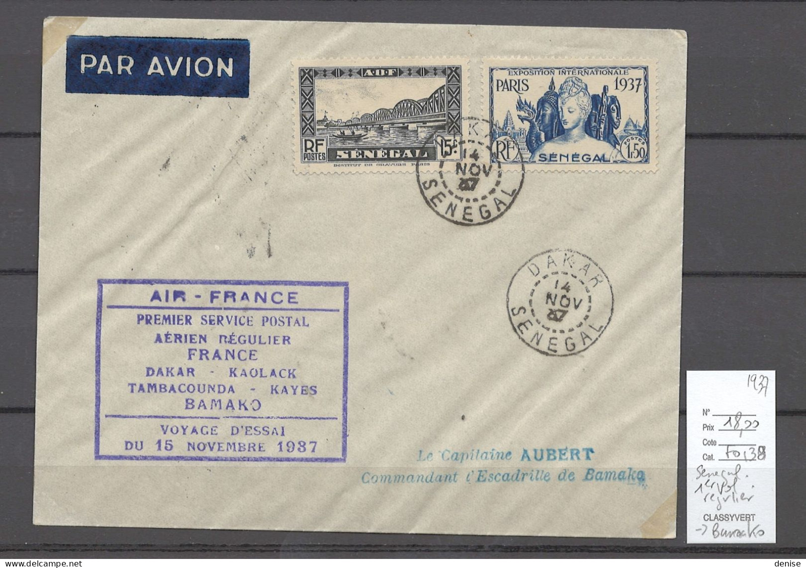Senegal - 1er Service Postal Dakar Bamako - 1937 - Poste Aérienne