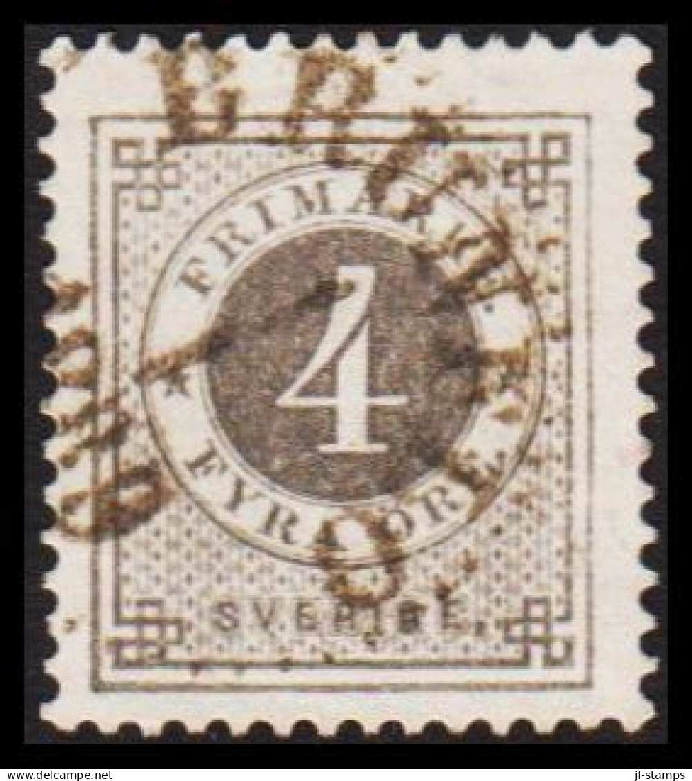 1886. Circle Type. Perf. 13. Posthorn On Back. 4 öre Grey. With FINE Cancel BRUNFLO 1 1 1889. (Michel 31) - JF545211 - Gebraucht