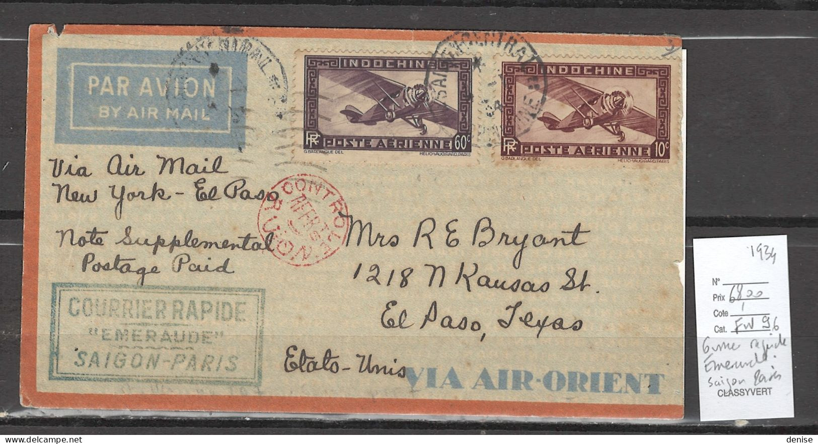 Indochine - Courrier Rapide Emeraude - 1934 - Pour Bangkok - Air Orient - Lettres & Documents