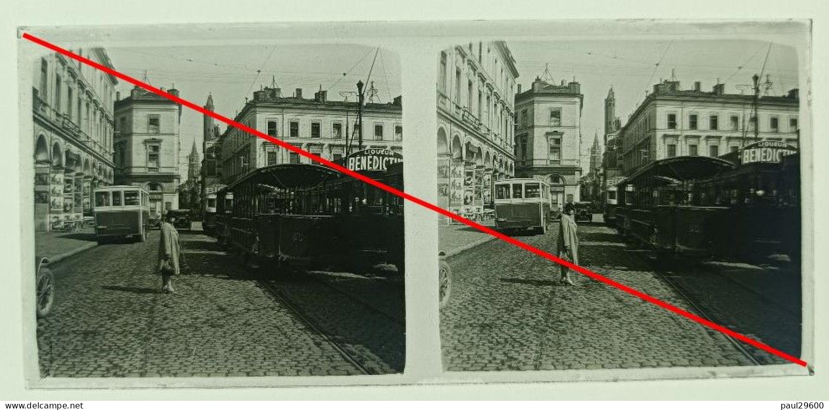 Photo Sur Plaque De Verre, Toulouse, Place Du Capitol, Rue, Tramway, Centre, Pavées, Rails, Voiture, Bus, Années 1930. - Glasplaten