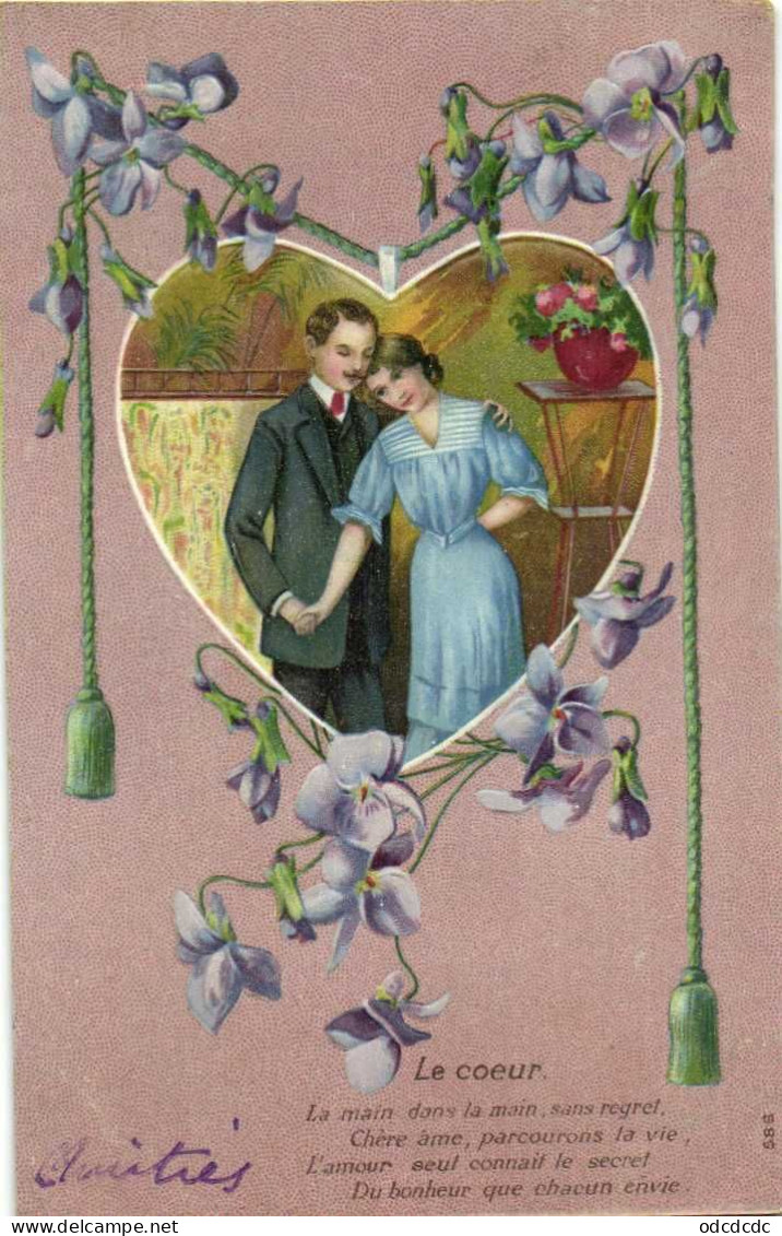 Carte Gaufrée Couple Dans Un Coeur Décor Violettes Le Coeur Poème RV - Coppie