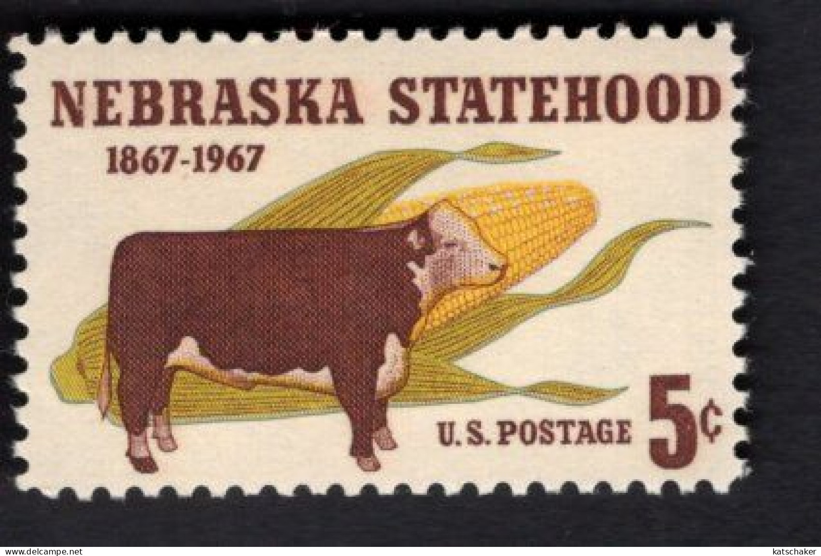 200738560 1967 SCOTT 1328 (XX) POSTFRIS MINT NEVER HINGED  (XX) - NEBRASKA  STATEHOOD - HEREFORD STEER - EAR OF CORN - Unused Stamps