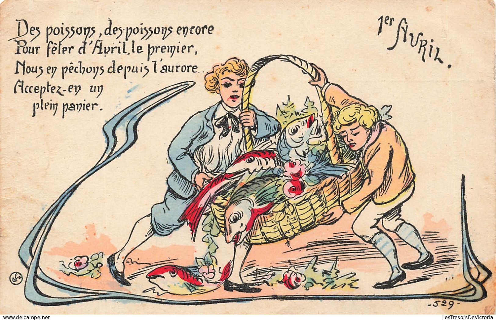 FETES - VOEUX - 1er Avril - Jeunes Hommes - Poissons - Dessin - Carte Postale Ancienne - 1 De April (pescado De Abril)