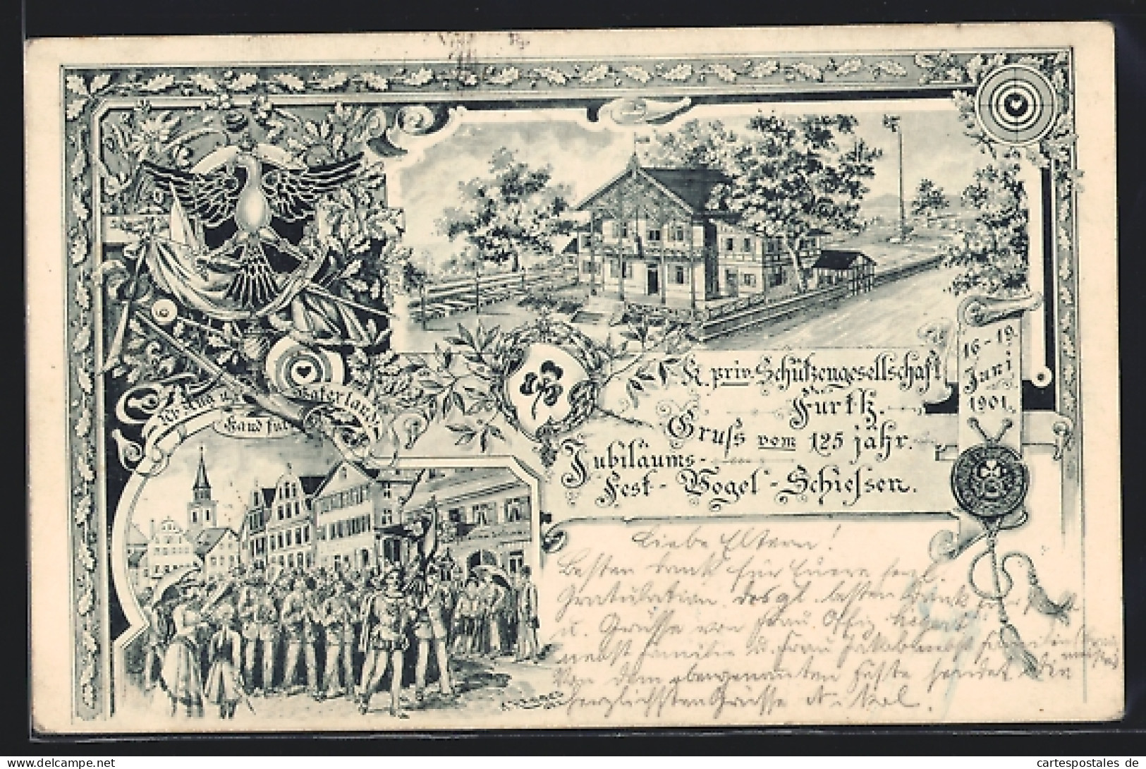 Lithographie Fürth / Bayern, 125 Jähriges Jubiläums-Fest-Vogel-Schiessen-K. Priv. Schützengesellschaft, Gebäudean  - Hunting