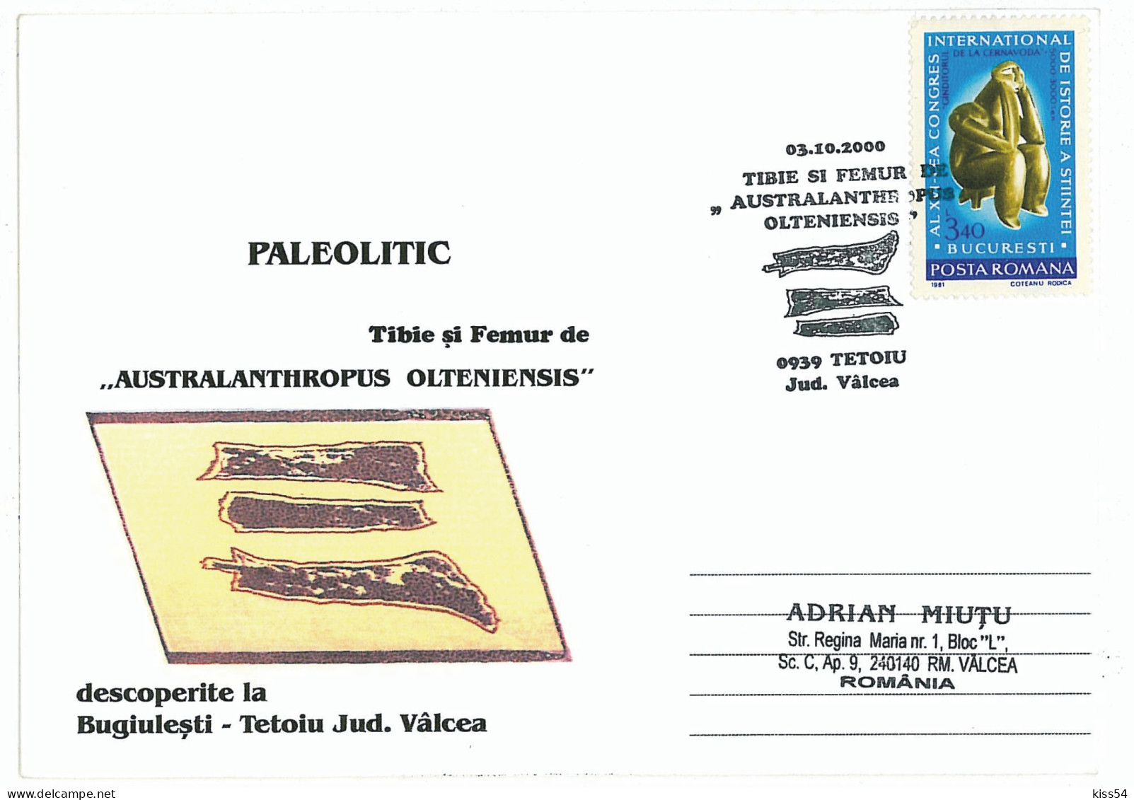 COV 75 - 1136 PREHISTORY, Romania - Cover - Used - 2000 - Lettres & Documents