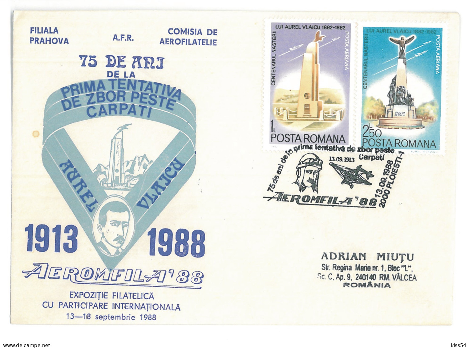 COV 75 - 329 AVIATIE, Aurel VLAICU, Ploiesti, Romania - Cover - Used - 1988 - Brieven En Documenten
