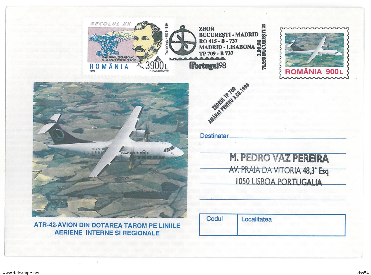COV 75 - 303-a AIRPLANE, Flight, Bucuresti-Madrid-Lisabona, Romania, Spain, Portugal - Cover - Used - 1998 - Covers & Documents