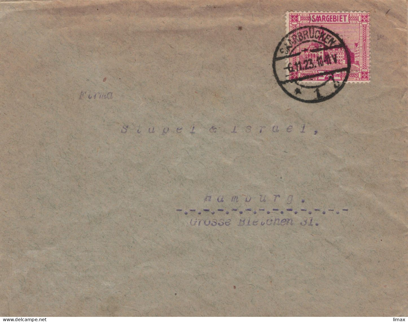 Saarbrücken 6.11.1923 > Stapel & Israel Hamburg - Grosse Bleichen - Storia Postale