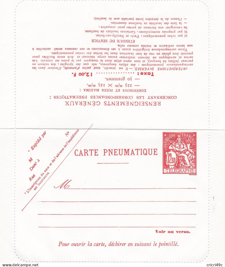 PARIS Carte Lettre Pneumatique CHAPLAIN 12.00 F   Neuf  N°Y&T 2624 - Pneumatische Post