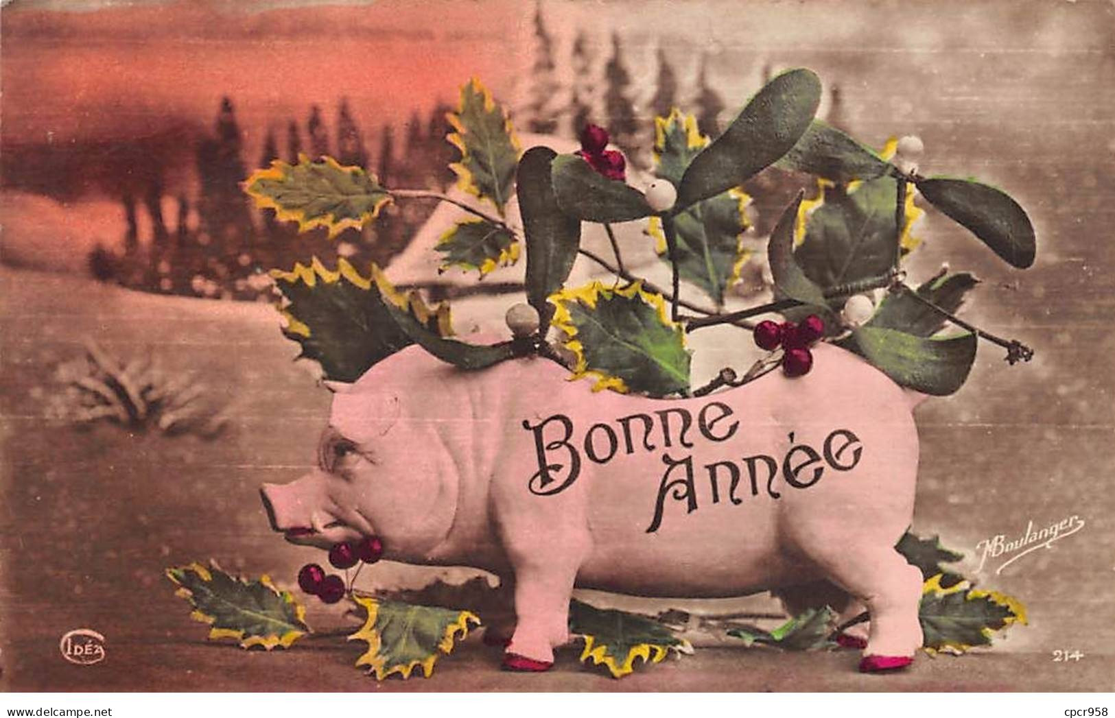 Animaux - N°80664 - Cochon - Bonne Année - Un Cochon Avec Sur Le Dos Du Houx Et Du Gui - Pigs