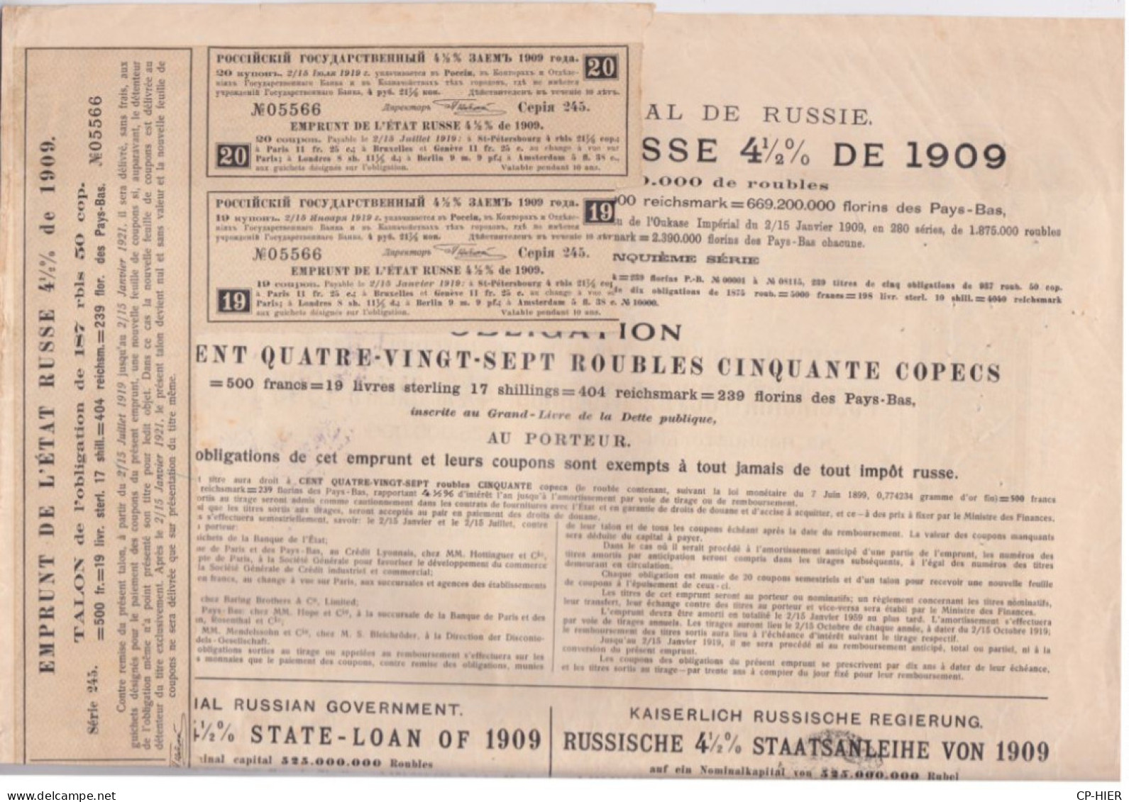 ACTIONS - OBLIGATIONS AU PORTEUR - EMPRUNT RUSSE RUSSIE 1909 - 500 FRANCS = 187,50 ROUBLES - Russie