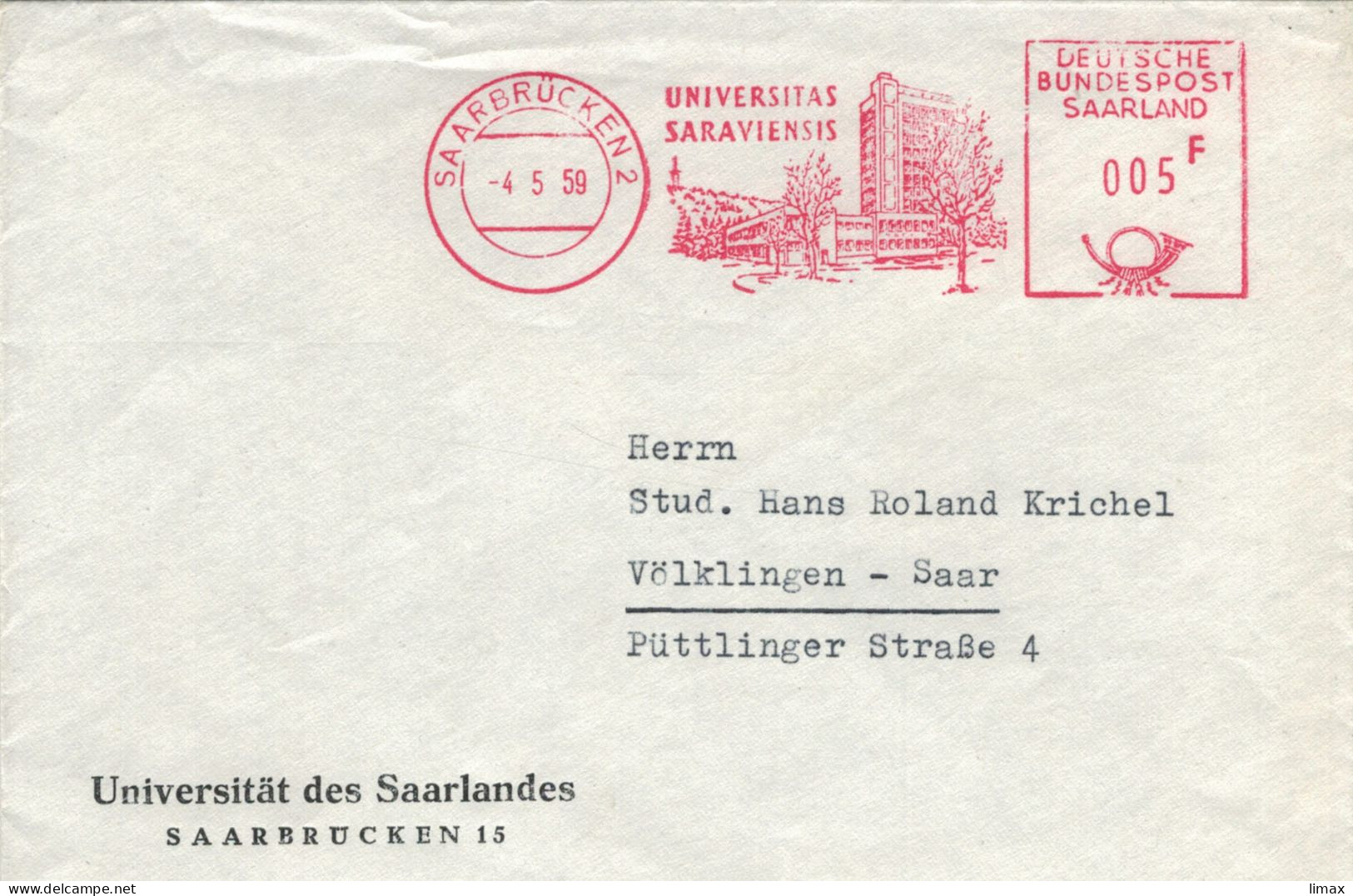 EMA Saarbrücken 1959 Universität Saarland 1959 > Krichel Völklingen - Storia Postale