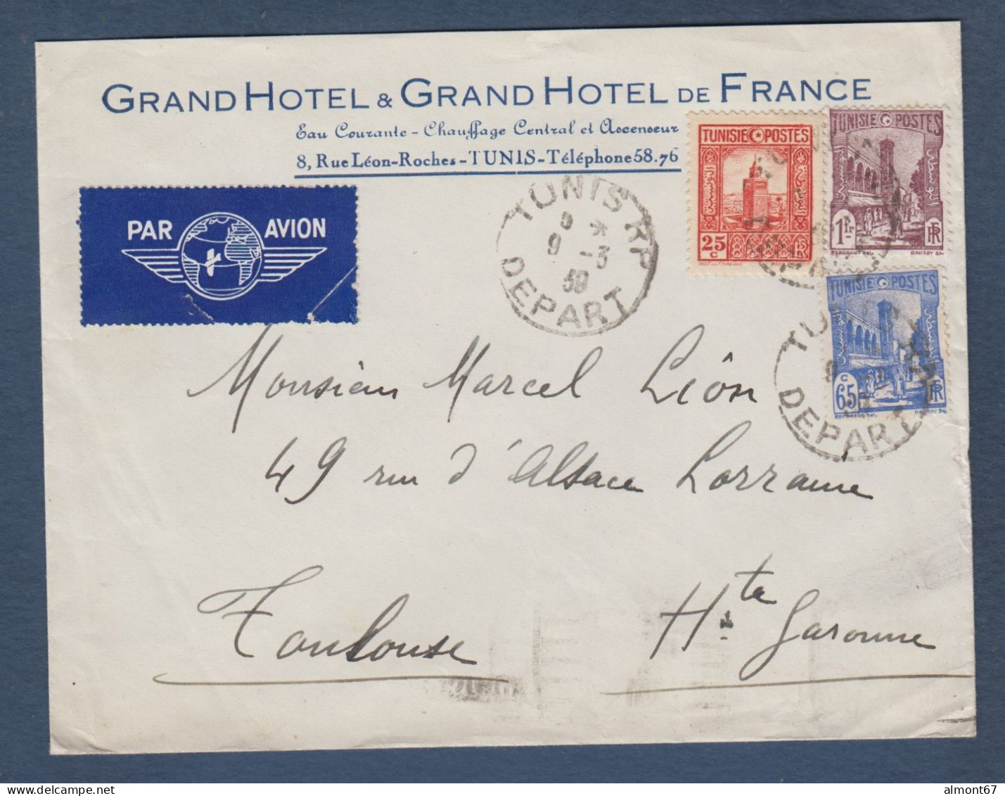 Lettre Par Avion  De TUNIS RP  DEPART  1939 - Briefe U. Dokumente