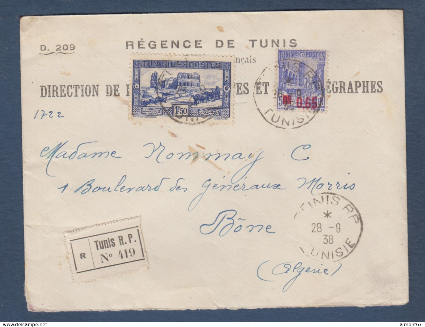 Lettre Recommandée De TUNIS RP  1938 - Brieven En Documenten