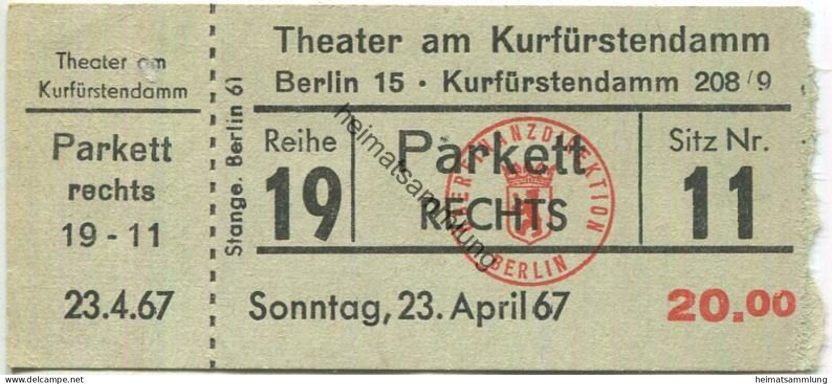 Deutschland - Berlin - Theater Am Kurfürstendamm - Eintrittskarte 1967 - Biglietti D'ingresso