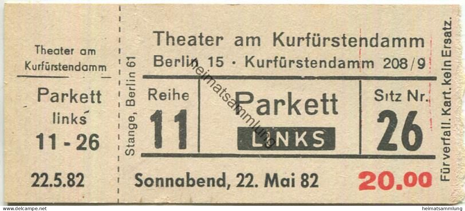 Deutschland - Berlin - Theater Am Kurfürstendamm - Eintrittskarte 1982 - Tickets D'entrée