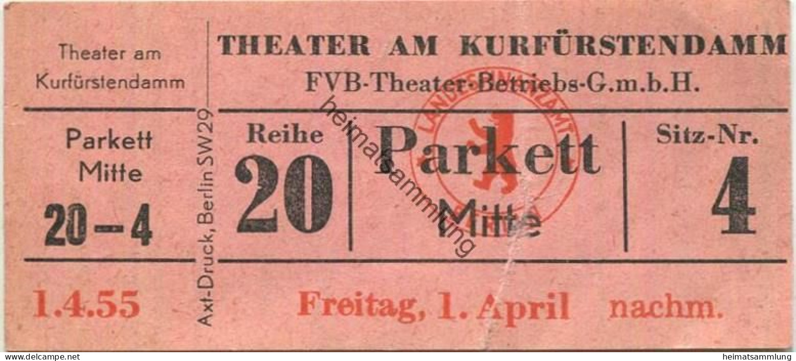 Deutschland - Berlin - Theater Am Kurfürstendamm - Eintrittskarte 1955 - Tickets D'entrée
