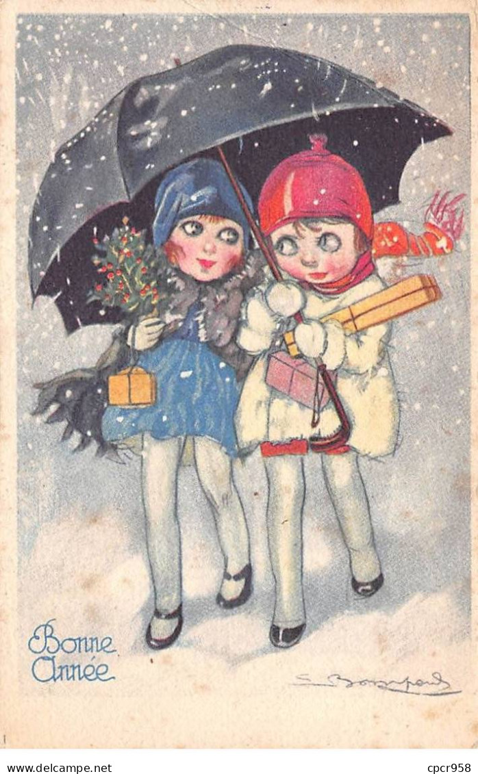 Illustrateur - N°80235 - S. Bompard - Bonne Année - Fillettes ... Neige Sous Un Parapluie -Carte Pliée, Vendue En L'état - Bompard, S.