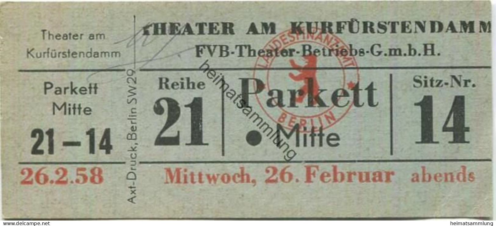 Deutschland - Berlin - Theater Am Kurfürstendamm - Eintrittskarte 1958 - Eintrittskarten