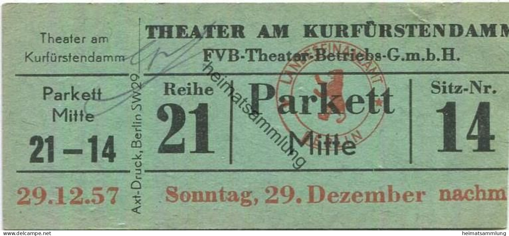 Deutschland - Berlin - Theater Am Kurfürstendamm - Eintrittskarte 1957 - Tickets D'entrée