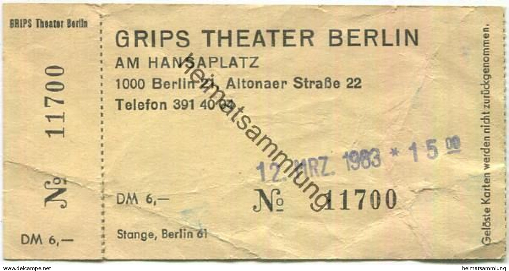 Deutschland - Berlin - Grips Theater Am Hansaplatz - Eintrittskarte 1983 - Biglietti D'ingresso