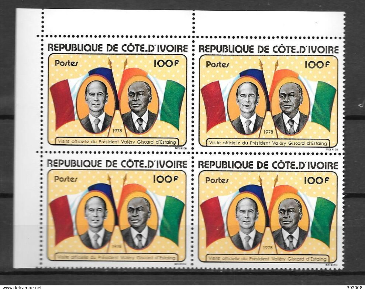 1978 - N° 443 **MNH - Visite De Giscard D'Estaing - Bloc De 4 - 1 - Côte D'Ivoire (1960-...)