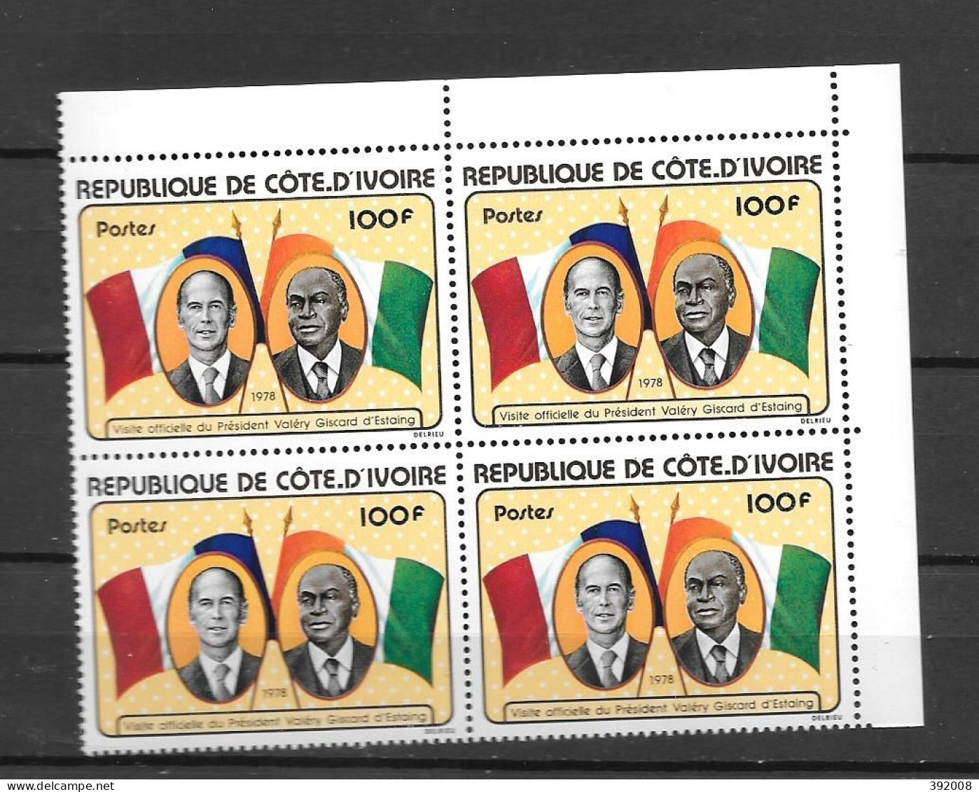 1978 - N° 443 **MNH - Visite De Giscard D'Estaing - Bloc De 4 - 2 - Côte D'Ivoire (1960-...)