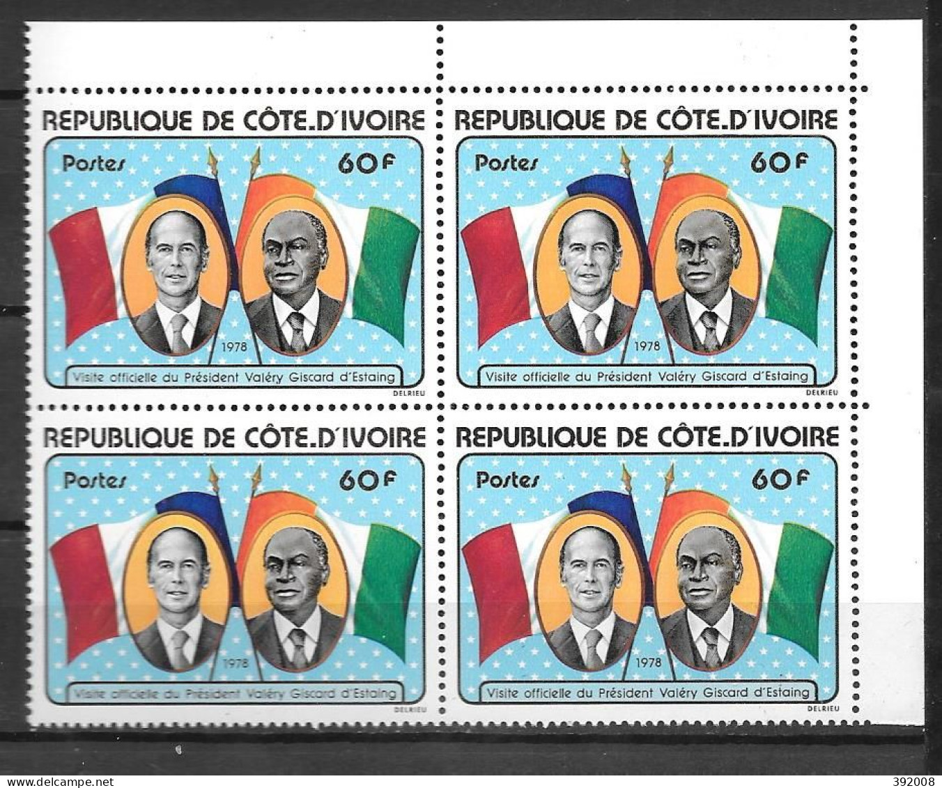 1978 - N° 441 **MNH - Visite De Giscard D'Estaing - Bloc De 4 - 3 - Costa De Marfil (1960-...)