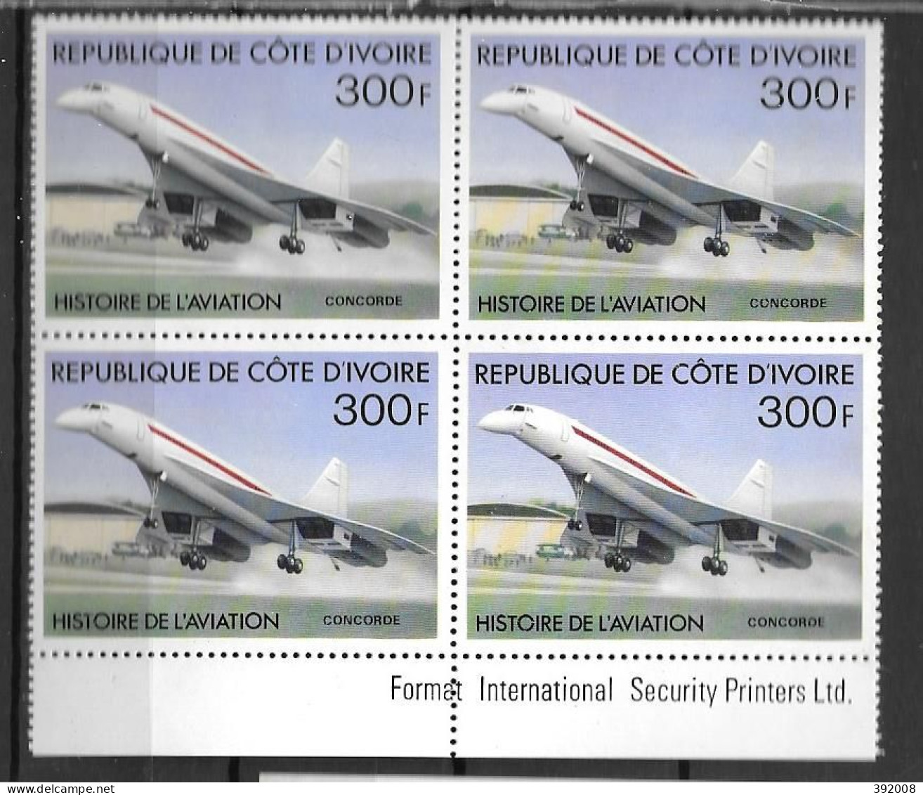 1977 - N° 428 **MNH -Histoire De L'aviation - Concorde - Bloc De 4 - 3 - Costa De Marfil (1960-...)
