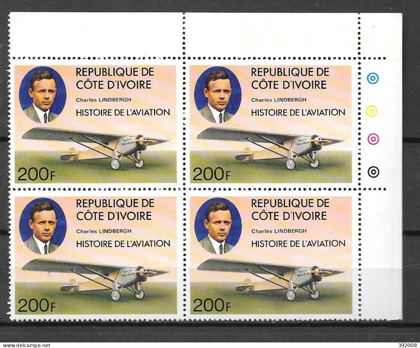 1977 - N° 427 **MNH -Histoire De L'aviation - Lindberg - Bloc De 4 - 4 - Costa De Marfil (1960-...)